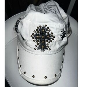 Sinful by Affliction White Studded Cross Cadet Hat Fleur-de-lis Y2K